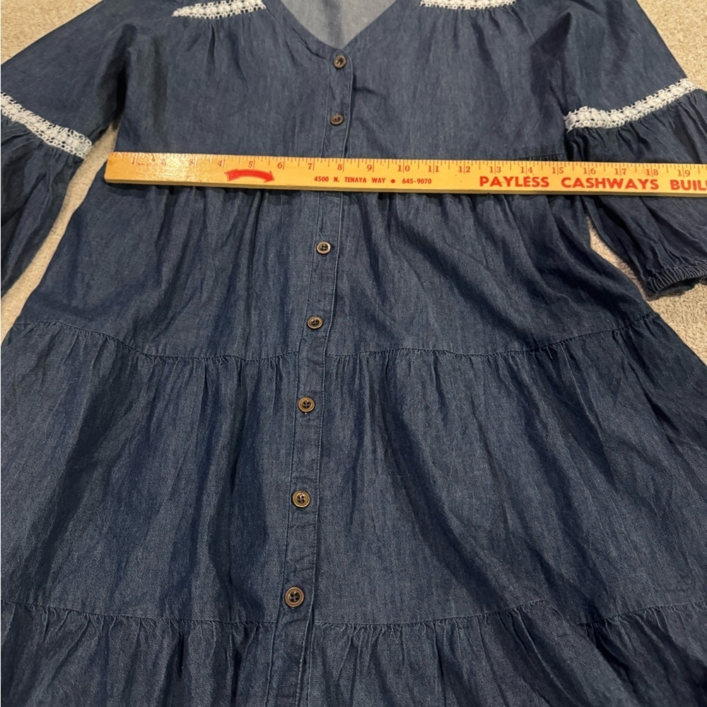 Anthropologie Lapis Chambray Tiered Boho Dress Small Lace Trim Bell Sleeve - Picture 5 of 5